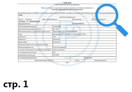 Информация о ключевых особенностях имущественного объекта, полученная из ЕГРН - первая страница.