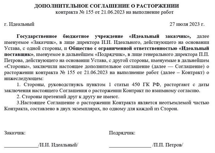 Образец соглашения о расторжении контракта по согласованию сторон согласно Федеральному закону № 44